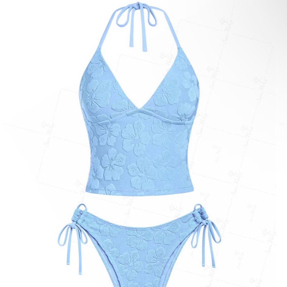 Seamolly Terrycloth Halter Tankini (S) Light Blue Floral